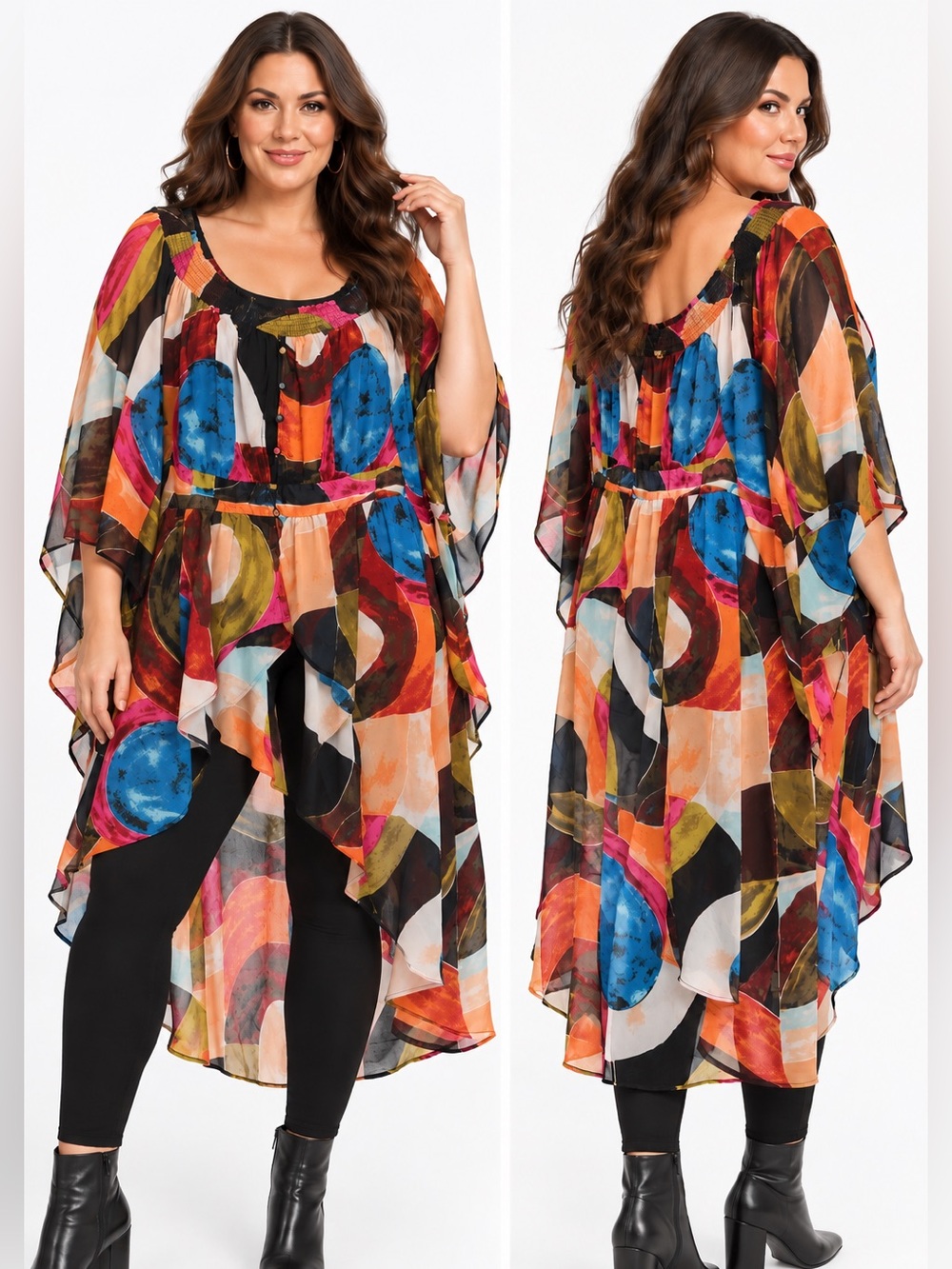 Ashley Stewart 18/20 Sheer Abstract High Low Dress Boho Art to Wear